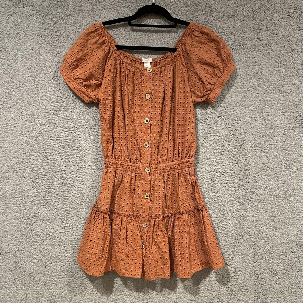 Eberjey Dress Womens Small Orange Eyelet Cotton Short Puff Sleeve Button Front
